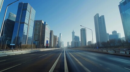Fototapeta premium Sophisticated futuristic cityscape in Beijing with hightech buildings, empty road, bright blue sky, 4K HD, elegant, Blend mode, advanced urban environment backdrop