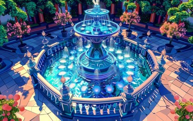 City Fountain top view public art theme animation Tetradic color scheme