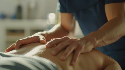 Close up of physical therapist massages a patient's back