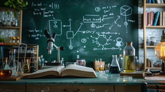 A scientific lab setup with open textbooks, lab equipment, and chemical formulas written on a blackboard in the background - Powered by Adobe