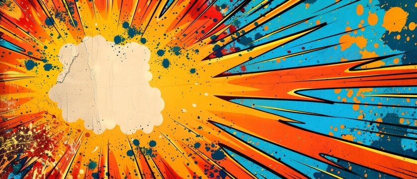 Design a superhero birthday invitation with a bold comic book explosion backdrop, highlighting space for party details in a vibrant speech bubble