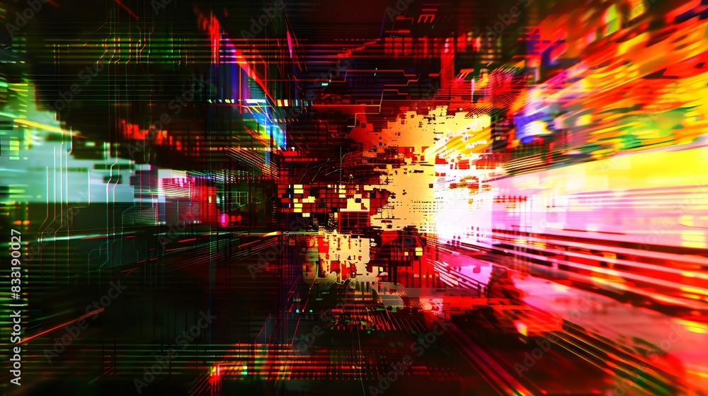 Poster a dynamic abstract digital art piece with glitch effects and vibrant colors, creating an intense and