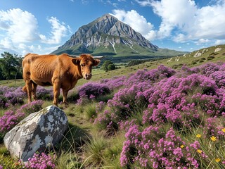 AI generated illustration of a cow standing on a grassy hillside beside a rock - Powered by Adobe