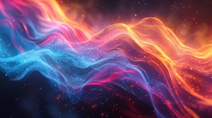 Abstract background with swirling blue, red and orange neon light.