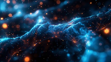 Fototapeta premium Abstract digital art with blue and orange glowing particles, resembling a nebula or cosmic landscape.