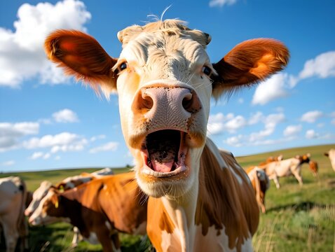 AI generated illustration of a single cow mooing in front of a herd of cows