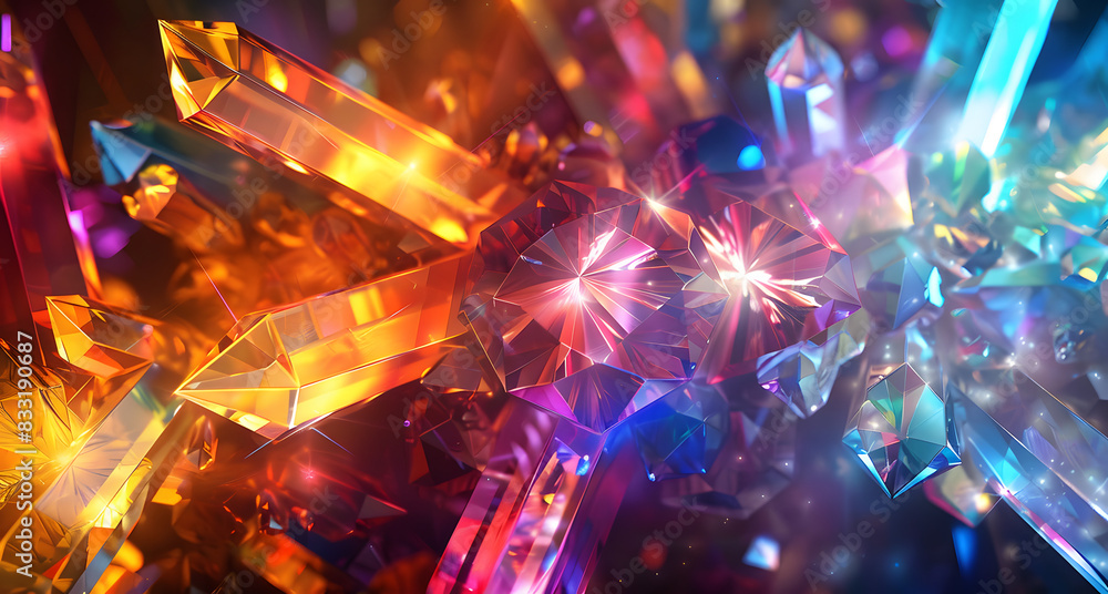 Poster a vibrant display of colorful crystals illuminated by light, creating a dazzling and sparkling visua