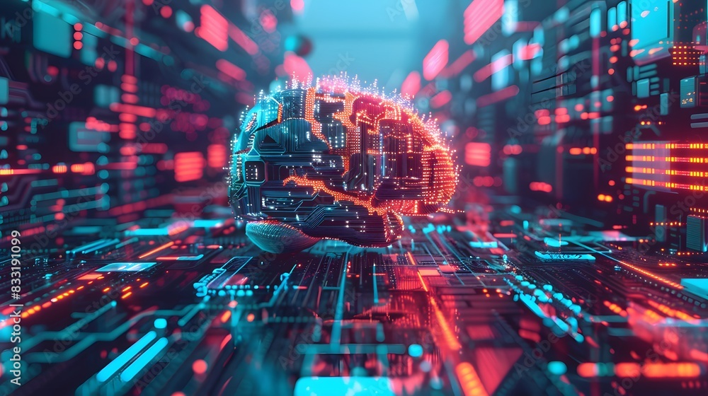 Poster a futuristic representation of a brain with digital circuitry and neon colors, symbolizing the inter