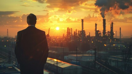 Fototapeta premium A businessman stands against a dramatic sunset overlooking an industrial complex. The silhouette evokes themes of industry, progress, and the future.