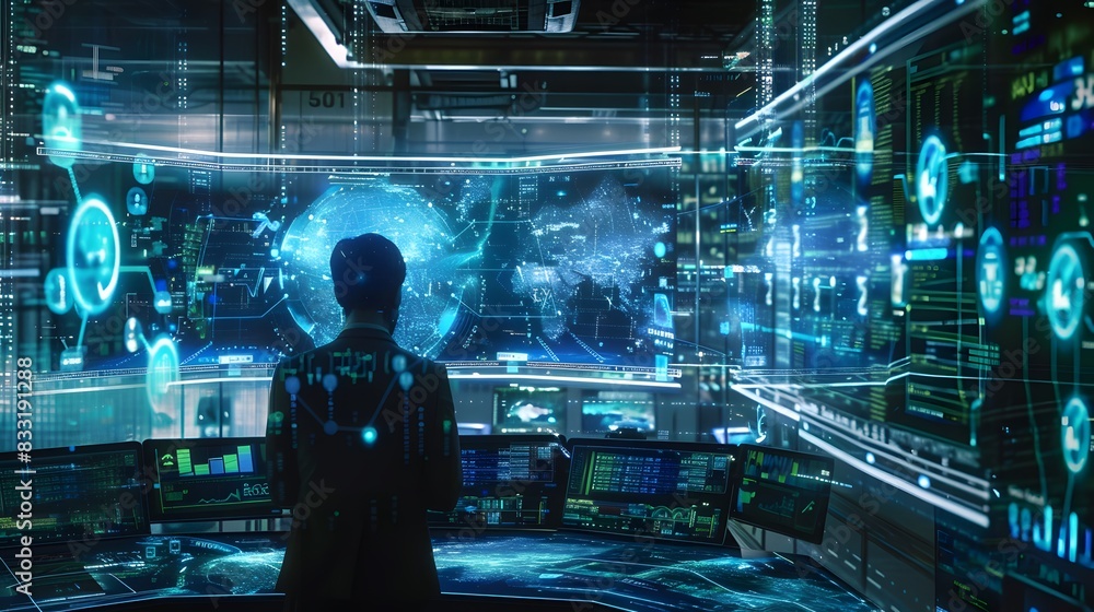 Poster a futuristic scene of a data analyst at a workstation with holographic screens and digital data, sym