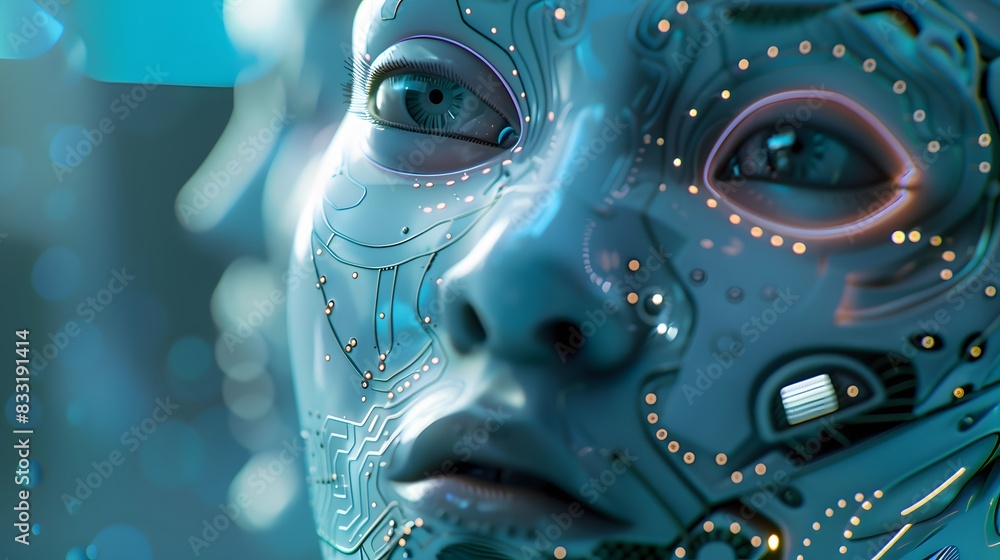Poster a close-up of a cybernetic face with intricate circuitry details, representing the blend of human an