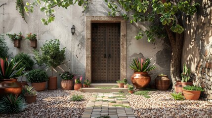 Copper podium on a rustic Mediterranean terrace, front view, warm sunlight, potted plants