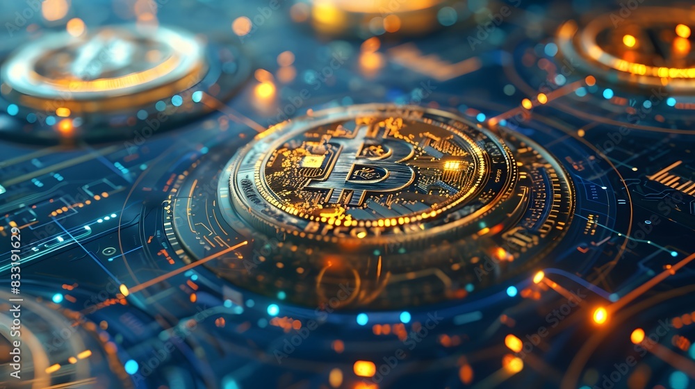 Poster close-up of bitcoin cryptocurrency on a digital circuit, representing blockchain technology, digital