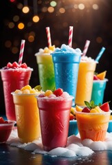 Each cup should be a different color and filled with frozen fruity slush