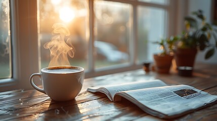 A close-up of a wooden table with a steaming coffee cup, an open newspaper, and warm morning light from a blurry window backdrop.