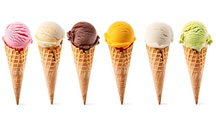 ice cream scoops in cones isolated on white background
