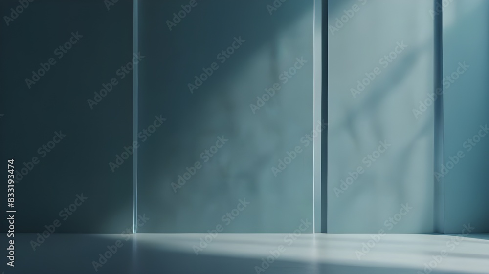 Poster minimalistic abstract light blue background with shadow and light from windows, product presentation