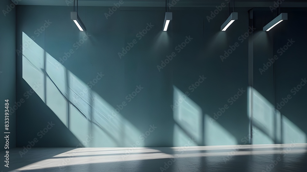 Poster minimalistic abstract light blue background with shadow and light from windows, product presentation