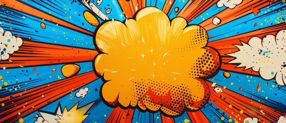 Comic book explosion superhero birthday invite, space for party details in a vibrant speech bubble