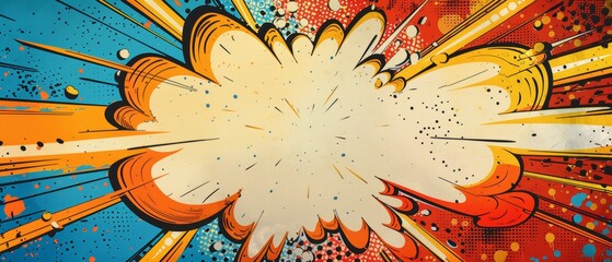 Comic book explosion superhero birthday invite, space for party details in a vibrant speech bubble