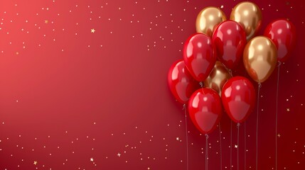 Celebration party banner background with red, gold balloons, carnival, festival or birthday balloon red background, red celebration background template