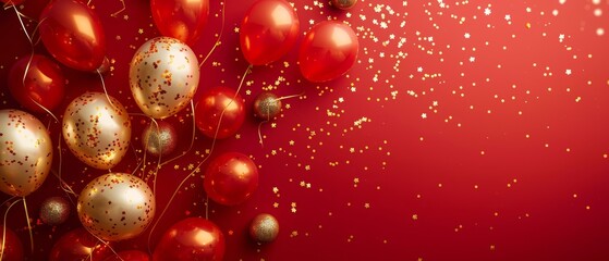 Carnival festival with red and gold balloons, background celebration banner, party or birthday, bright red backdrop