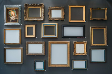Assorted blank frames decorate a dark gray wall in an art gallery.