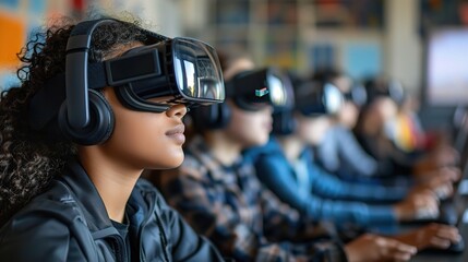 Education technology with virtual reality headsets being used in a learning environment