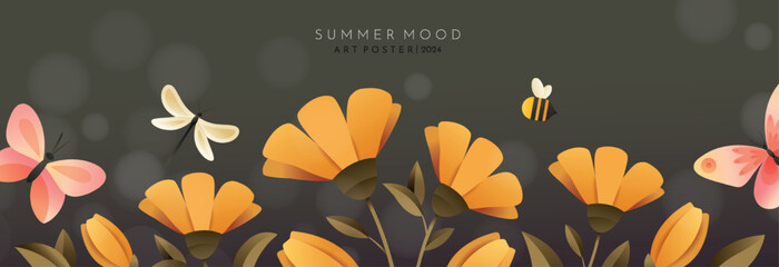 Bright banner with yellow flowers, butterflies, bee and dragonfly.   Yellowbuds, bright butterflies, horizontal vintage background. Summer illustration for banner, poster, advertising or flyer.