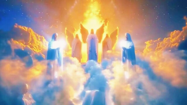 Heavenly beings surrounding the scene, serving as messengers of God's will and agents of divine protection, 4K High-Quality Animation Video