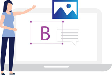 A girl is standing in front of the laptop.