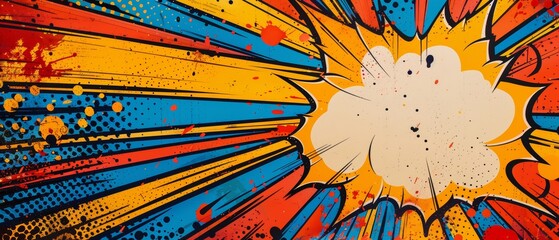 Bold comic book explosion backdrop, superhero birthday invitation, vibrant speech bubble for details