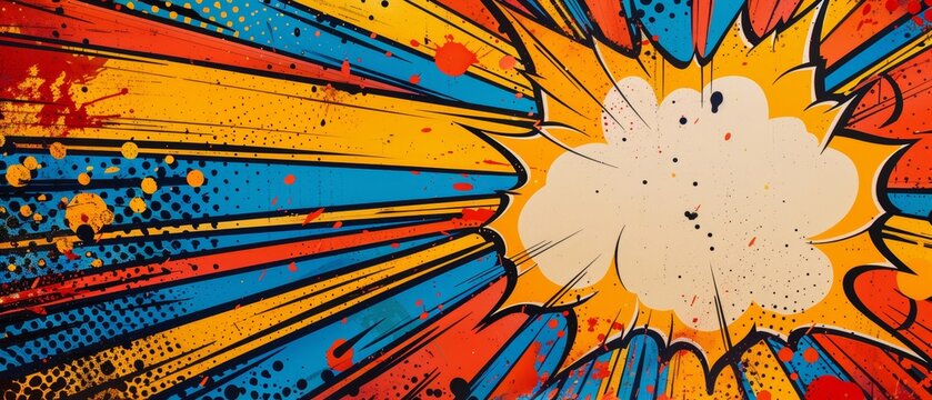 Bold comic book explosion backdrop, superhero birthday invitation, vibrant speech bubble for details