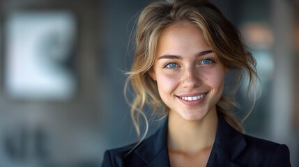 Fototapeta premium Female professional portrait with a warm smile in a power suit, copy space