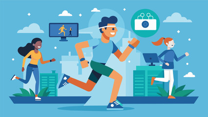 Immerse yourself in a realistic running experience with lifelike avatars and interactive challenges in the world of virtual running clubs.. Vector illustration