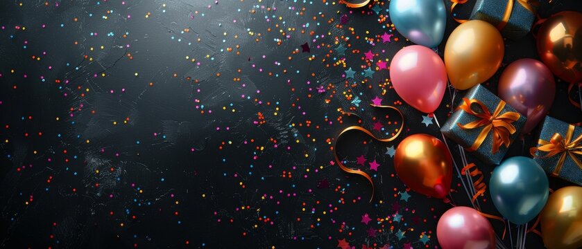 Birthday party with vibrant balloons, black background, confetti, and colorful gift boxes, festive celebration
