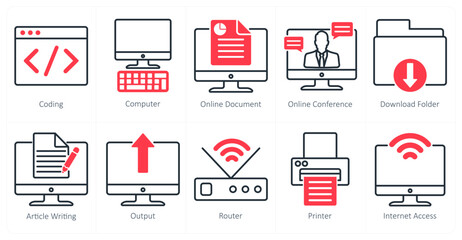 A set of 10 business and office icons as coding, computer, online document