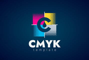 Logo CMYK squares dots color print. Abstract test control scales Polygraphy theme. Template design vector. Black background.