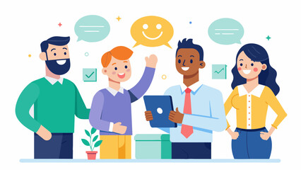 Fototapeta premium Throughout the day the new hire is met with nods smiles and introductions from colleagues making them feel like they belong.. Vector illustration