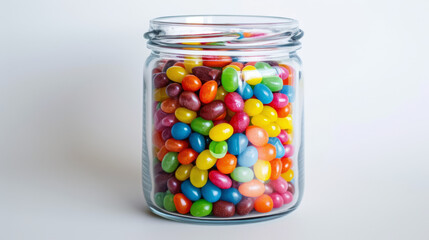 Jar of colorful jelly beans. Sweet and colorful jelly beans fill a glass jar on a white background, perfect for candy, treat, or snack themes.
