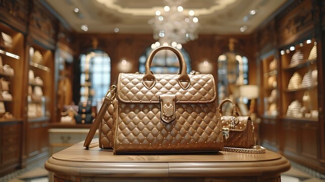 A close-up view of an elegant wooden display table with high-end fashion accessories, such as designer handbags and jewelry, against a blurry backdrop of a chic boutique interior.