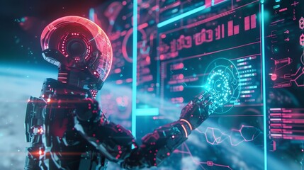 A futuristic robot astronaut interacts with a digital interface in space, highlighting the concept of artificial intelligence and space exploration.