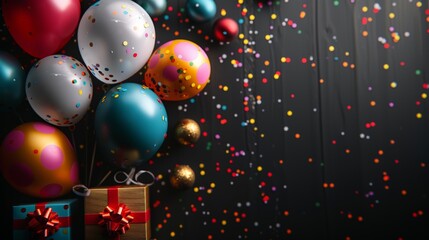 Birthday party celebration, black background, colorful balloons, confetti, and gift boxes, festive atmosphere