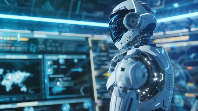 A futuristic robot stands in front of a wall of glowing computer screens, analyzing data.