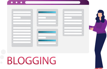 The girl is standing next to the web page.