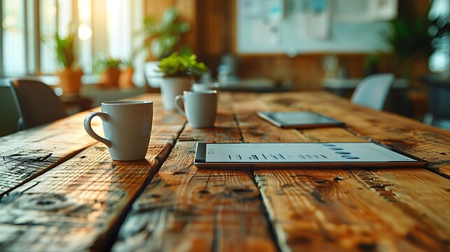 A wooden conference table close-up with digital tablets, neatly arranged papers, and coffee mugs, set against a softly blurred background of office chairs and whiteboards.