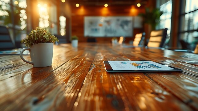 A wooden conference table close-up with digital tablets, neatly arranged papers, and coffee mugs, set against a softly blurred background of office chairs and whiteboards. - Powered by Adobe