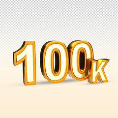 Golden 100K isolated on png background. 100K 3d. Thank you for 100K followers 3D gold. 3D rendering