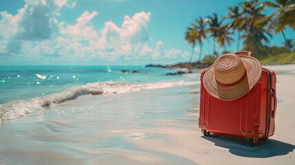 modern red suitcase with sunhat on the tropical beach, travel, relaxation, holiday, vacation concept