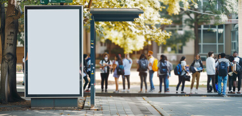 Energetic vertical blank billboard mock-up at a bus stop adjacent to a bustling college campus.